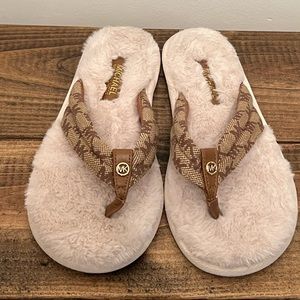 Michael Kors Furry Sandals with Logo Print Size 6 Cream and Brown